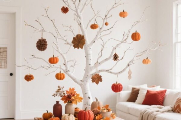 How to Style a White Tree with Fall Décor white tree with fall decor