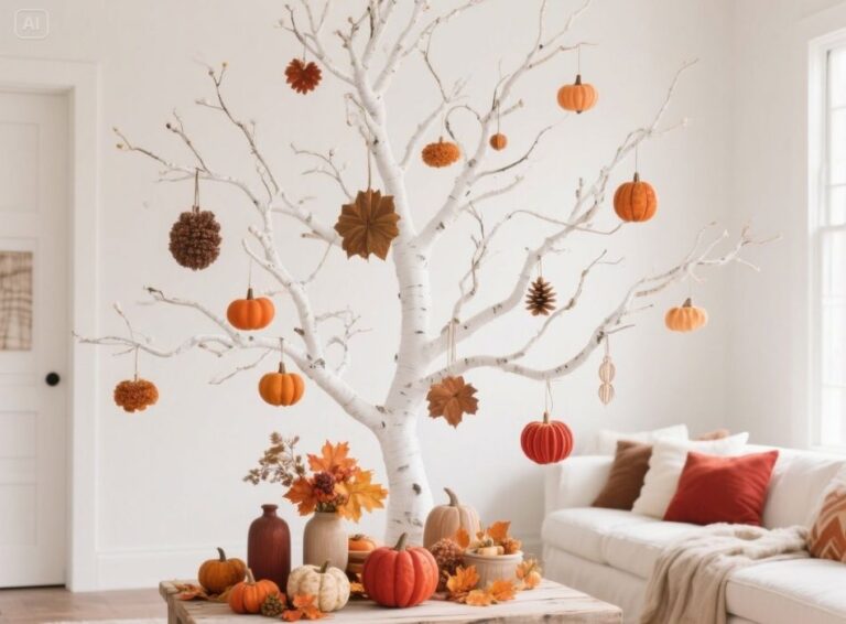 white tree with fall decor
