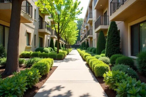 outside apartment sidewal lamdscape
