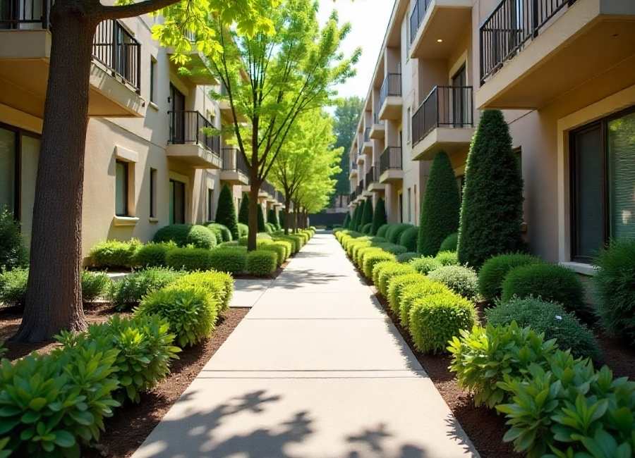 outside apartment sidewal lamdscape