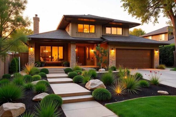 corner house side hiill drought tolerant landscaping