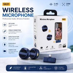 SX21-New 2-in-1 Wireless Lavalier Microphone – Dual Mic Setup for Crystal Clear Mobile Recording